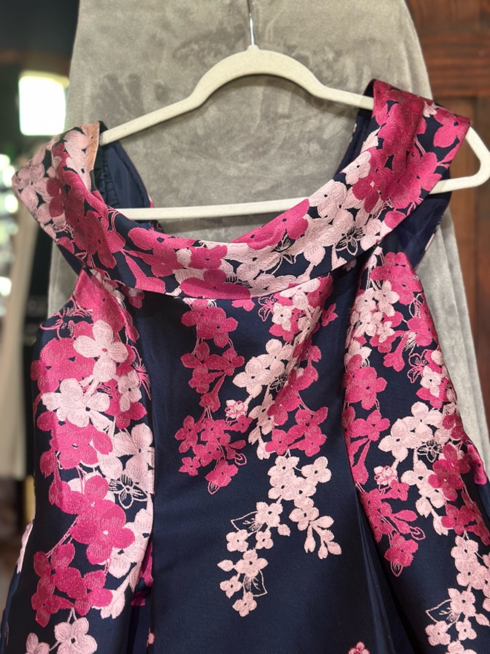 Adrianna Papell Navy Floral Fit-and-Flare Dress with Pink Blossoms